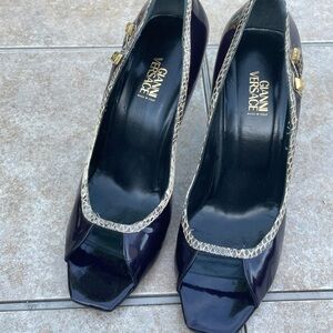 Versace open toe embossed edge patent pumps